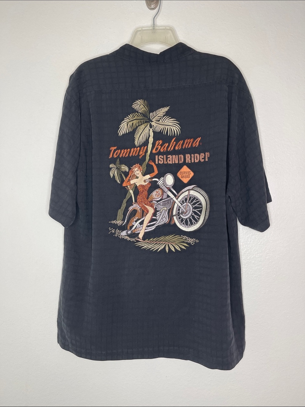 Tommy Bahama Black Island Rider Motorcycle Hula Girl Silk Embroidery Shirt Med
